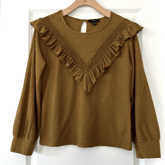 J Crew Honeycomb-Knit w Eyelet & Ruffle Trim, Gathered Sleeves, Keyhole Back XS - Picture 3 of 13